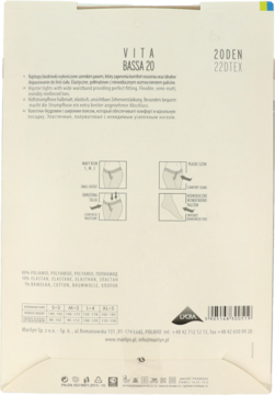 Tył opakowania rajstop Marilyn Vita Bassa 20 DEN. Widoczne diagramy cech produktu i tabela rozmiarów.