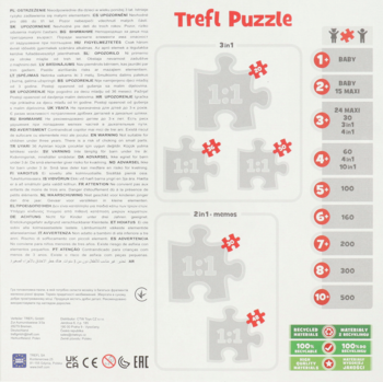 Tylne opakowanie puzzli Trefl: grafiki 1:1, poziomy trudności (30-500 elementów), instrukcje i informacje.