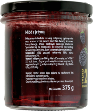 Tył szklanego słoika ciemnego miodu z jeżyną, z czarną etykietą i zakrętką, opis składu, 375g.