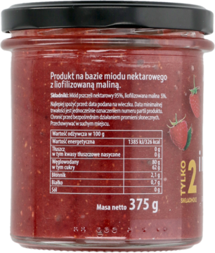 Tył szklanego słoika 375g z miodem nektarowym i liofilizowaną maliną, widoczna etykieta z danymi odżywczymi.