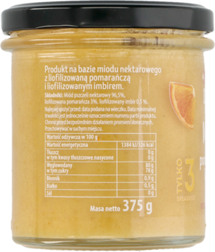Tył słoika z miodem nektarowym, pomarańczą i imbirem, z etykietą i tabelą wartości odżywczych, 375 g.