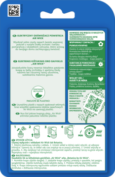 Tył niebieskiego opakowania Air Wick Life Scents Świeżość Letniego Poranka, wkład i wtyczka. Instrukcje, QR kod.