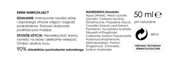 Tył opakowania kremu nawilżającego 50ml, 90% naturalnych składników, widoczny skład, pH naturalne i symbol recyklingu.