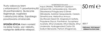 Tył opakowania tłustego kremu odżywczego 50ml, z listą składników, polskim opisem i sposobem użycia.