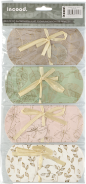 Zestaw 4 pudełek na karty podarunkowe, beżowe, zielone, różowe i białe, ze złotym motywem roślinnym i wstążką.