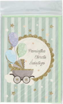 Kartka na chrzest 11.5x17cm w folii, z baby buggy, balonami i złotym brokatem na zielono-białym tle.