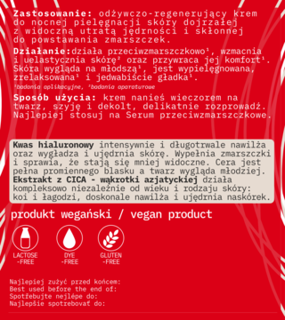 Tył czerwonego opakowania wegańskiego kremu przeciwzmarszczkowego dla cery dojrzałej, z białym tekstem.