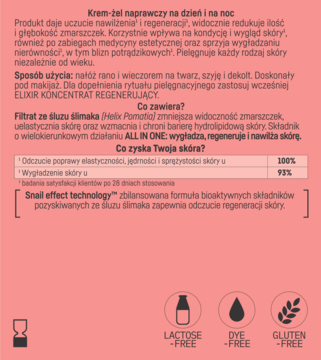 Krem-żel naprawczy ze śluzem ślimaka, tył opakowania z polskim tekstem o właściwościach, na różowym tle.