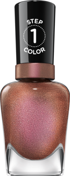 Lakier Sally Hansen Miracle Gel 211 One Shell of a Party, miedziano-różowy z brokatem, butelka z napisem STEP 1 COLOR.