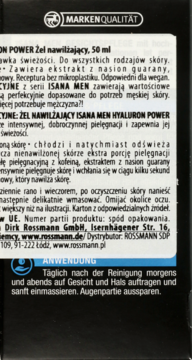 Tył czarnego opakowania żelu nawilżającego Isana Men Hyaluron Power z opisem i zastosowaniem.