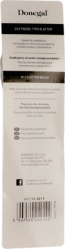 Tył opakowania pędzla Donegal D11 Flat Top Brush do podkładu, z opisem zastosowania i kodem kreskowym.