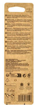 Tył kartonowego opakowania długopisu Parker Jotter, średnia linia, niebieski tusz. Informacje o gwarancji i wkładach.