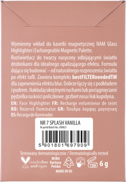Tył beżowego opakowania wymiennego wkładu NAM Glass Highlighter Splash Vanilla, z etykietą i kodem EAN.