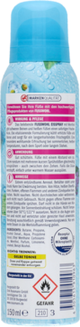 Fusswohl chłodzący spray do stóp, tył niebieskiej butelki 150 ml z białą etykietą, tekstem i piktogramem.