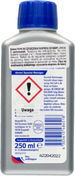 Tył srebrnej butelki domol płynu do czyszczenia ekspresów do kawy, 250ml, z niebieską nakrętką i etykietą ostrzegawczą.