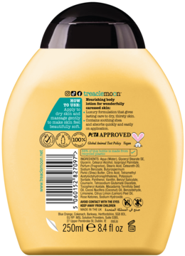 Żółta butelka Treaclemoon Brazilian Love Balsam do Ciała, widok z tyłu z instrukcją, składem i logo PETA.