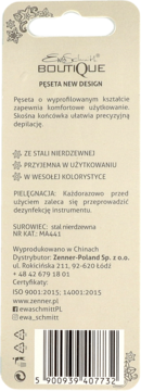 Tył beżowego opakowania pęsety Ewa Schmitt z tekstem o cechach i składzie, oraz kodem kreskowym.