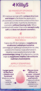 Opakowanie różowej gąbki do makijażu KillyS 3D latex free, z opisem działania i ilustracją kształtu.