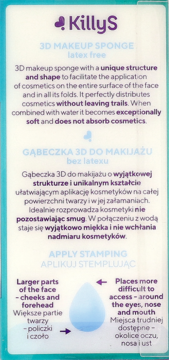 Front view of KillyS 3D Makeup Sponge packaging, latex-free, light blue, with usage instructions.
