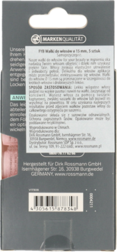 Tył czarnego opakowania samoprzyczepnych wałków do włosów FYB 15 mm, 5 sztuk, z kodem kreskowym.