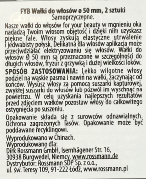 Close-up etykiety wałków do włosów FYB 50 mm, samoprzyczepnych, nadających objętość i jedwabisty połysk.