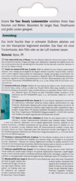 Tył opakowania wałków For Your Beauty Ø 50mm na objętość, materiał Nylon, PP, tekst w wielu językach.