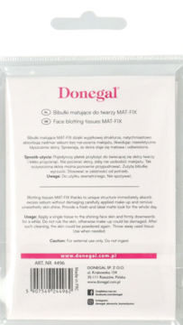 Przezroczyste opakowanie bibułek matujących Donegal MAT-FIX, widoczne białe listki i różowe detale.