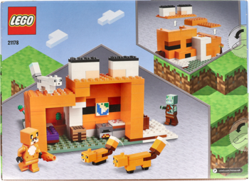 Zestaw Lego Minecraft The Fox Lodge: pomarańczowa chata lisa, figurki lisów, kota i zombie, widok z przodu.