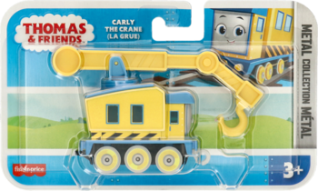 Żółto-niebieska metalowa zabawka Carly Dźwig z Thomas & Friends, zapakowana w blister, widok przód.