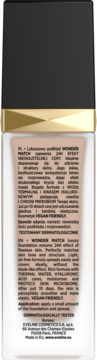 Tył butelki luksusowego podkładu Eveline Wonder Match, z widocznym opisem produktu i składem.