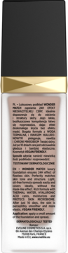 Tył butelki luksusowego podkładu Eveline Wonder Match, z opisem 24H efekt i składników PL/EN.