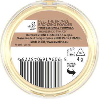 Okrągły kompakt Eveline Feel the Bronze bronzer Milky Way 01, widok z tyłu z kodem kreskowym i tekstem producenta.