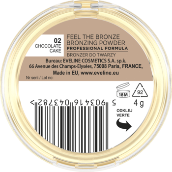 Tył okrągłego pudru brązującego Eveline Cosmetics 02 Chocolate Cake z kodem kreskowym i napisem 4 g.