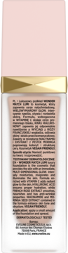 Tył butelki rozświetlającego podkładu Eveline Wonder Match Lumi SPF 20. Kremowo-różowe opakowanie z opisem cech i składników.