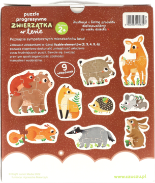Tył brązowego opakowania puzzli edukacyjnych "ZWIERZĄTKA w lesie" dla dzieci 2+, z 9 ilustracjami zwierząt leśnych.