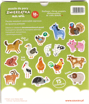 Tył opakowania puzzli edukacyjnych Zwierzątka 18m+, z widocznymi 15 barwnymi zwierzętami-układankami.