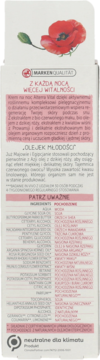 Tył opakowania kremu na noc Alterra Vital z opisem i składem. Białe tło, czerwony kwiat maku.