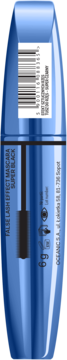 Niebieska mascara False Lash Effect Super Black 6g, widok z przodu, szczoteczka częściowo wyjęta.