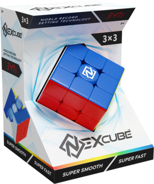 Kostka NexCube 3x3 MoYu, czerwono-niebieska, bez naklejek, częściowo wysunięta z pudełka.