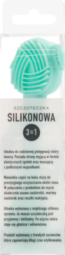 Miętowa silikonowa szczoteczka do twarzy 3w1 w białym opakowaniu, widok z przodu przezroczystego blistra.