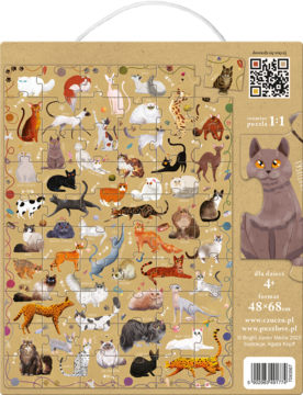 Puzzle Puzzlove Koty, kartonowe pudełko z widoczną układanką: kolorowe ilustracje dziesiątek ras kotów.