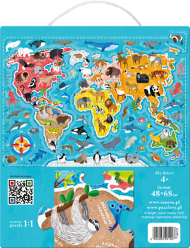 Puzzlove Zwierzęta Mapa świata, tył pudełka z globalną mapą zwierząt i detalem leniwca 1:1.