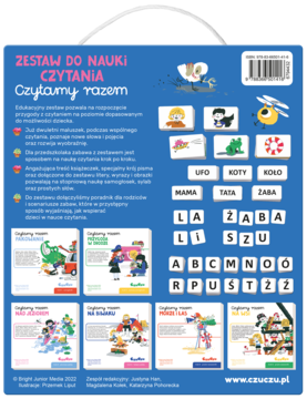 Tył opakowania zestawu do nauki czytania Czytamy razem, z opisem, przykładami słów, alfabetem i grafikami.