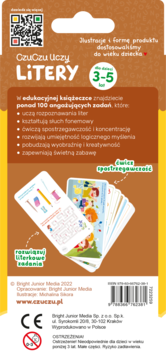 Tył opakowania CzuCzu Uczy LITERY, książeczka dla dzieci 3-5 lat, opisuje zadania i widoczne karty.
