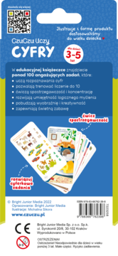 Tył opakowania CzuCzu Uczy CYFRY, książeczki dla dzieci 3-5 lat, z opisem treści i kartami do nauki liczb.