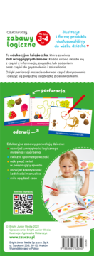 Zielony tył książki "Zabawy logiczne" dla dzieci 3-4 lat, z informacjami o perforacji i przykładami zadań.