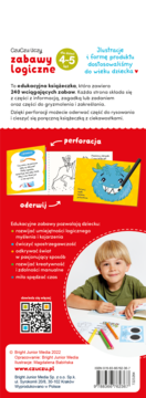 Książka CzuCzu Zabawy Logiczne 4-5 lat, tylna okładka, czerwona, z opisem edukacyjnych funkcji i perforacji stron.