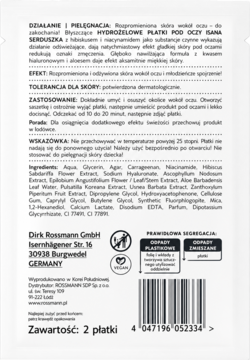 Tył opakowania płatków pod oczy Isana z hibiskusem, pełny skład, kod kreskowy, recykling.