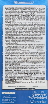 Tył niebiesko-białego opakowania ISANA HYALURON INTENSE KONCENTRAT LIFTINGUJĄCY, 7x2ml, kartonik z opisem.