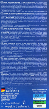 Tył niebieskiego opakowania Isana Hyaluron Intense Lifting Concentrate 7x2ml z białym tekstem i symbolami recyklingu.